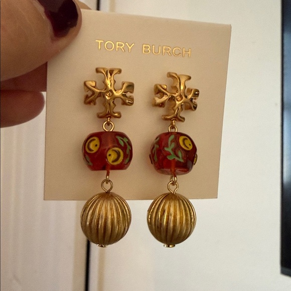 NWT Tory Burch Gold and Red Beaded dangle stud drop Earrings - Picture 4 of 4